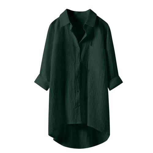 Blitzangebote Des Tages, Blusen & Tuniken Für Damen - leinenbluse damen sommer leinenhemd große größen Button-Down Übergröße Hemd V-Ausschnitt Langarm Atmungsaktive Tops Freizeithemd Mit Brusttaschen