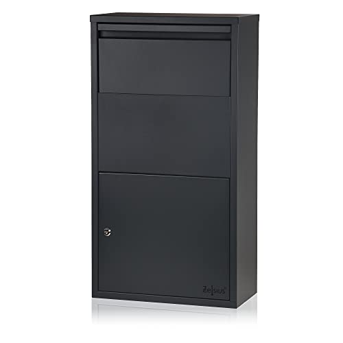 Zelsius Briefkasten mit Paketfach Merkur | pulverbeschichteter Stahl mit Edelstahl Elementen | RAL7016 Anthrazit | integrierte Rückholsperre | Wandmontage | Paketbriefkasten, Paketbox, Parcel Box