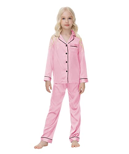 Verve Jelly Schlafanzug Set aus Satin Seide für Babys, Mädchen, Jungen, süß, einfarbig, Langarm, Oberteile, Hemd, lange Hose, Loungewear, Rosa, 150, 11–12 Jahre