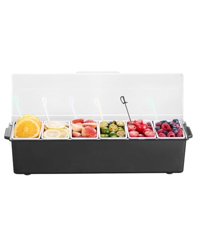 VEVOR gekühlter Gewürzbehälter Zutatenbehälter mit 6 Fächern (500 ml x 6) Präsentationsständer mit Deckel Pizzastation Pizza Belagstation Obstschachtel Servieren von Tacos Salat Obst