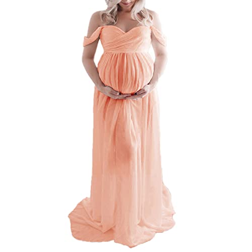 Loalirando Schwangerschaftskleid, Shooting, Foto, aus leichtem Chiffon, Maxi-Länge, schulterfrei, für Fotografie, Rosa, Medium