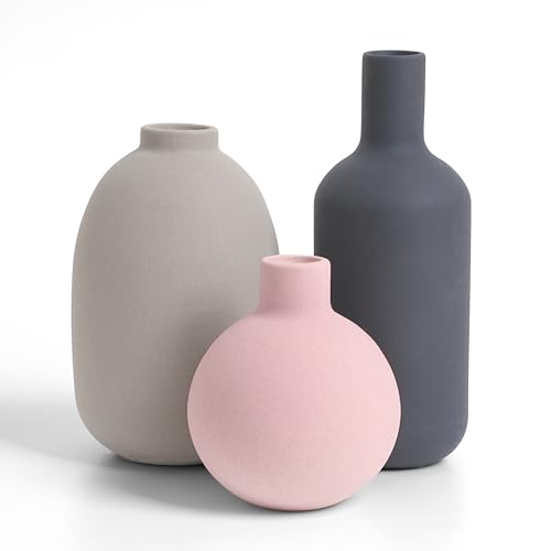 Winter Shore Vasen Deko Keramik [3er-Pack] - Neutrale Vase Deko für Wohnzimmer, Esstisch, Küche, Kaminsims - Modernes, Minimalistisches Deko Vasen Set - Gerade, Ovale, Runde Matte Vasen Aesthetic