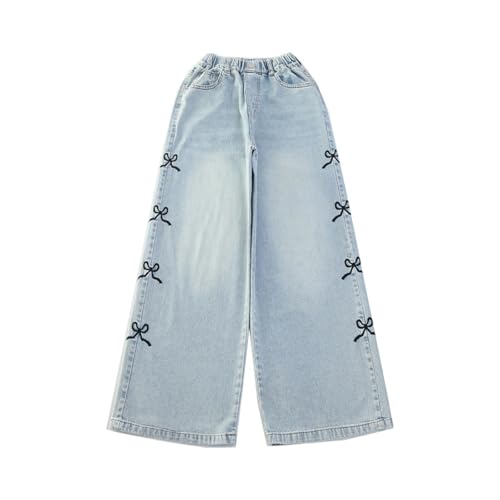 Generisch Jeans für Mädchen mit Herzmuster hohe Taille elastisch dehnbar weites Bein Denim-Hose Used-Look niedlich lässig Jeans Patch