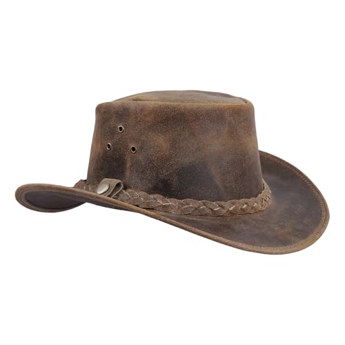 Leatherick Unisex-Cowboyhüte aus echtem Mad-Horse-Leder im West-Aussie-Stil mit Kinnriemen (2XL, Verrückte Bräune)