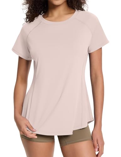 EFFAN Sportoberteil Damen Fitness Sport Tshirt Sportshirt Oberteile Sportkleidung Frauen Yoga Kleidung Kurzarm Sportsachen Rosa Taupe M
