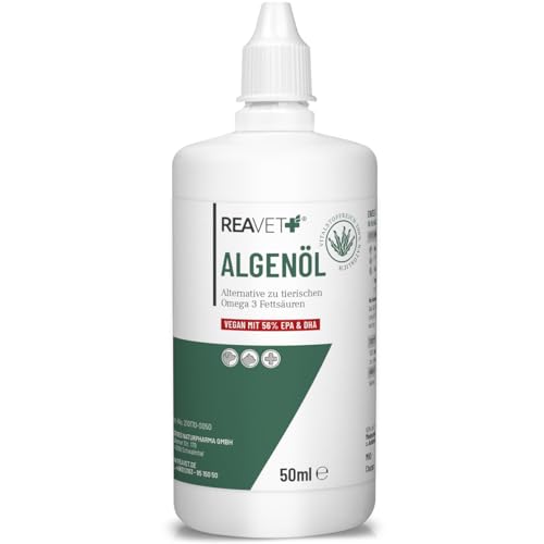ReaVET Algenöl für Hunde, Katzen, Pferde 50 ml I Hochdosiert & Vegan Omega-3 Öl I Futteröl aus Algen unterstützt Gelenke, Stoffwechsel, Fell & Haut