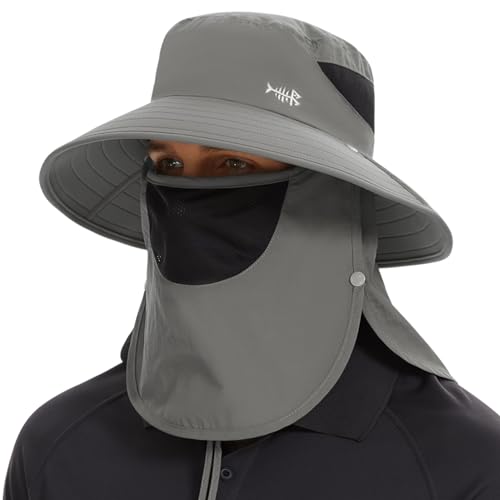 Bassdash Sonnenhut Fischerhut UPF 50+ Breiter Krempe Wanderhut mit abnehmbarem Gesichtsschutz und Nackenklappe Atmungsaktiver Unisex Wasserfester Angelnhut für Damen Herren