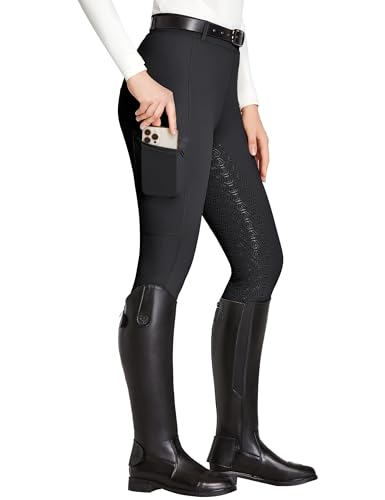 FitsT4 Sports Reitleggings Damen Reithose Mädchen Silikon vollbesatz mit Handytasche und Gürtelschlaufen für Reitsport Pferdetraining,Schwarz,XS