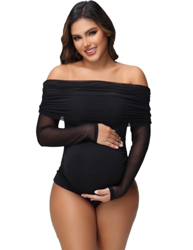 JustVH Damen-Umstands-Body aus durchsichtigem Netzstoff für Fotoshootings, langärmelig, schulterfrei, Schwangerschaftsfotografie-Outfits, Schwarz, L