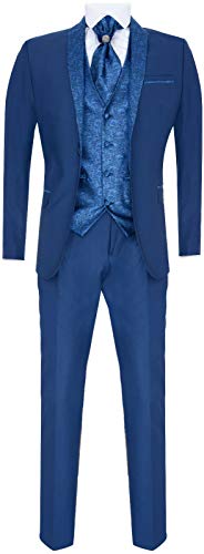 Tru Clothing Herren 4 Teiliger Hochzeitsanzug Blau Bräutigam Jahrgang Schalkragen Krawatte Maßgeschneidert 54