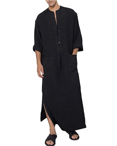 YAOHUOLE Kaftan Herren Lang Thobe Herren Kaftan Leinen Thobe Herren Robe Männer Schwarz 2XL