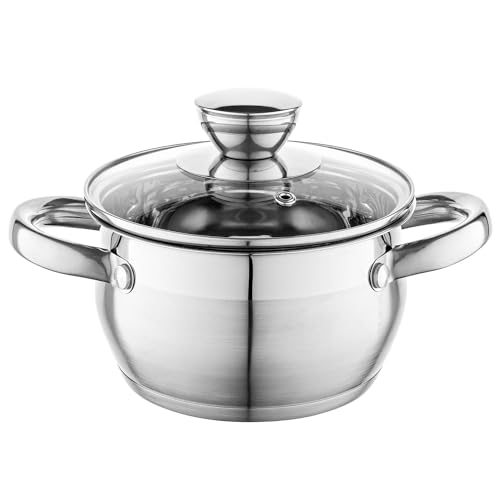 FLORINA Topf aus Edelstahl (1,3 l) 14 cm I Kochtopf OLIVER mit Glasdeckel I Mit Messbecher I Spülmaschinengeeignet I Nudeltopf, Suppentopf, Pastatopf I Ideal für alle Herdarten und Induktion