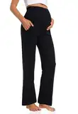Gowjog Umstandshose Weitem Bein Damen Schwangerschaft Lässig Lose Breite Gerade Bein Lounge Hosen mit Taschen Schwangerschafts Hose (Schwarz,S)