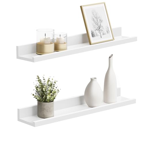 SONGMICS Wandregal, Schweberegal, 2er Set, 10 x 60 cm, Wandboard für Bilderrahmen und Bücher, Bilderregal für Wohnzimmer, Schlafzimmer, Bad, Küche, weiß LWS60WT