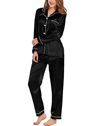 SWOMOG Satin Pyjama Damen Lang Button Down Pyjama Set Zweiteiliger Nachtwäsche Satin Schlafanzug mit Brusttasche Loungewear Hausanzug Pj Sets Schwarz