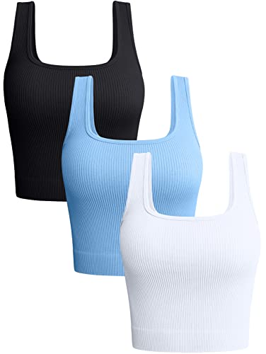 OQQ Damen 3-teiliges Tank-Top Gerippt Nahtlos Workout-Shirts Yoga Bauchfreies Top Schwarz Candyblue Weiß