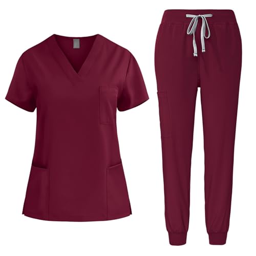 EMATOP sale angebote Medizinische Uniform Set Damen Medical Schrubb-Set Zweiteiler Business Kasack und Hose Outfit Einfarbig Pflege Berufsbekleidung 2-Teilige Arbeitskleidung