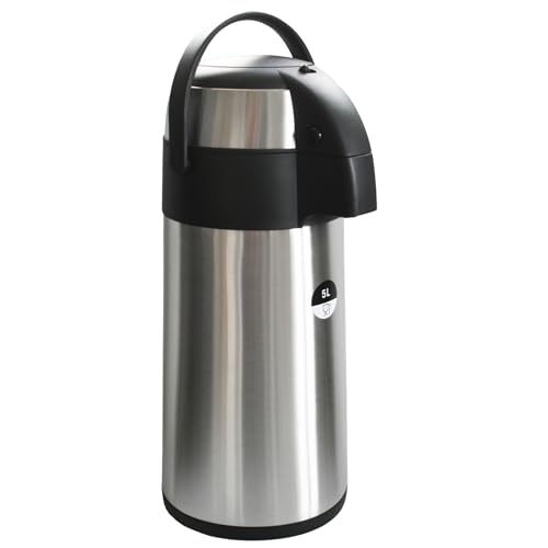 Airpot Pumpkanne 2,2l 3l oder 5l Isolierkanne Thermoskanne isolierte Kaffeekaraffe Kaffeekanne Gastro Kaffeespender auch für Camping aus Edelstahl & GRATIS-HLKauf-Block (5 Liter & 1x HLKauf-Block)