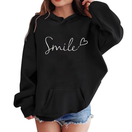 2025 - Mädchen Casual Langarm Hoodies Süße Übergroße Fleece Tasche Sweatshirt Tops Langarmshirt Mädchen 140 (Black, 9-10 Years)