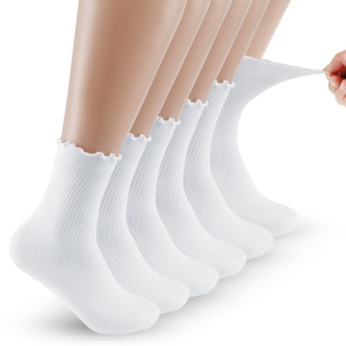 Maxmoc 6 Paar Rüschen Socken, Baumwolle Sockens mit Rüschen Damen, Weiße Mittelhoch Rüschensocken Weiche Atmungsaktive Strick Socken Rüschen für Damen und Mädchen, 36-42
