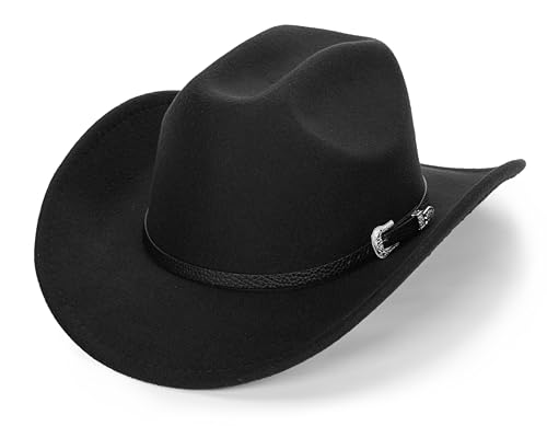 HilyBony Western-Cowboyhut für Damen und Herren, klassischer Fedora-Hut mit breiter Krempe und Schnallengürtel, Schwarz , L