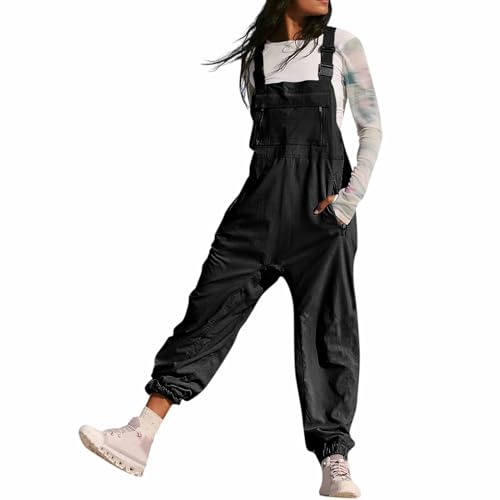AHAKLO Jumpsuit Damen Sommer Lang overall mit Taschen, Verstellbare Schnallenriemen Garten Latzhose Arbeitshose Ärmellos Loose Fit Trägerhose Straight Leg Leichte Sommerhose