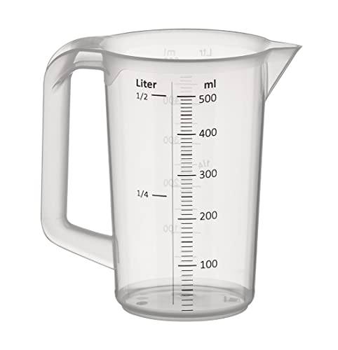 APS Messbecher 0,5 Liter, Ø 9,5 x H: 14 cm, Kunststoffbecher mit geprägter Maßskalierung außen, geschlossener Griff, ml-Einteilung, spülmaschinengeeignet