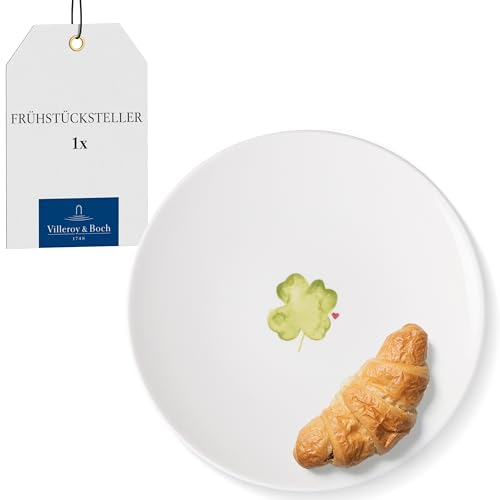 Villeroy & Boch – With Love Frühstücks-/ Dessertteller "Good Luck" Weiß, Spülmaschinenfest, Mikrowellensicher, Teller Kleeblatt, Geschirr Keramik, Kleeblattmotiv, Geschenk, Premium Porzellan