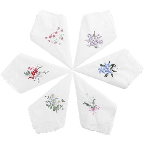 TIESOME 6 Stück stofftaschentücher damen, Taschentücher Baumwolle mit Blumen Stickereien und Spitze Kante, taschentücher stoff für Hochzeiten, Muttertag oder Weihnachten