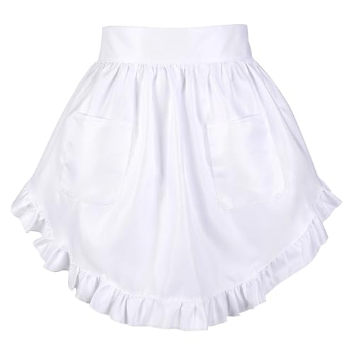Lusofie Weiße Taillenschürze Damen Vintage Dirndl Schürze Halbe Schürze Mit Taschen Für Frauen Für Küche Kochen Restaurant Bistro Kaffee Cosplay (Material: Polyester)