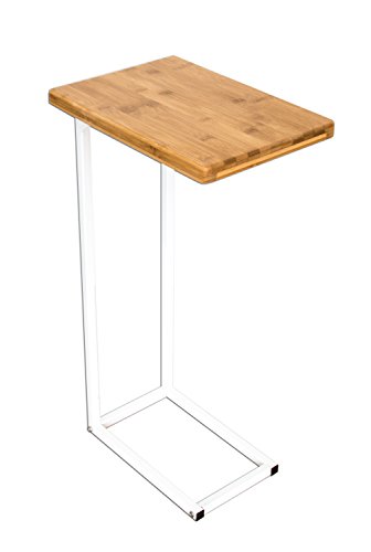 bonVIVO® Beistelltische fürs Wohnzimmer, C-Form Sofatisch Nachttisch Betttisch Laptoptisch in Moderner Edelstahl-Naturholz Kombination mit Stahlgestell, 35x25x65(BxTxH), Weiße Tischbeine