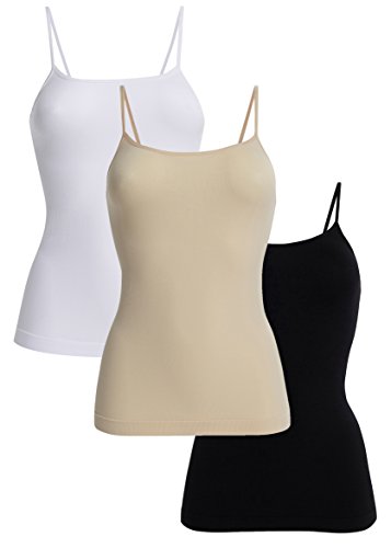 UnsichtBra 3er Pack Damen Shape Unterhemden | Spaghettiträger Basic Top Unterhemd | Mikrofaser Spaghetti Tops ohne Bügel | Weiss Schwarz Beige (Schwarz,Weiss,Beige, L-XL)