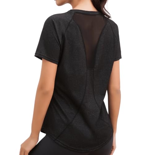 Sportshirt Damen Kurzarm, Rundhals Sport Tshirt Damen Fitness, Back Mesh Sport Oberteile, Leicht Atmungsaktiv Und Dehnbar Funktionsshirt Für Fitness, Laufen, Yoga（L）