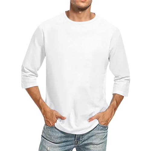 Rosennie Flanellhemd Herren Herren Hemd Kurzarm Langarmshirt Herren Baumwolle Rundhals Einfarbiges 3/4 Arm Shirt Basic T Shirt Männer Dreiviertelarm Shirt Hemden Herren (Weiß, 3XL)