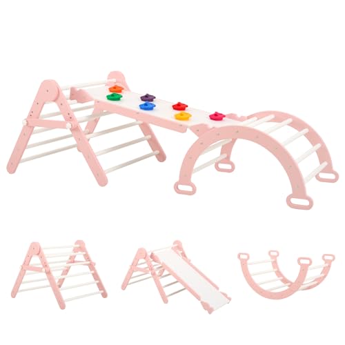 FUNLIO Faltbares Dreiecksset, Montessori-Kletterset mit Massivholz für Kleinkinder von 2-5 Jahren, verstellbares 3-in-1 Indoor-Spielgerät mit Kletterfelsen/Dreieck/Bank/Rutsche - Rosa