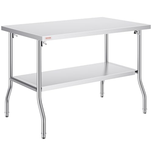 VEVOR Kommerzieller Arbeitstisch, 1220 x 762 mm, Klappbarer Kommerzieller Vorbereitungstisch, Doppelregal-Klapptisch aus Edelstahl, Küchenarbeitstisch mit 350 kg Traglast, Silberfarbene Kücheninsel