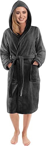 NY Threads Morgenmantel Damen mit Kapuze Fleece Plüsch Weich Bademantel Nachtwäsche Hausmantel (Klein,Dunkelgrau)