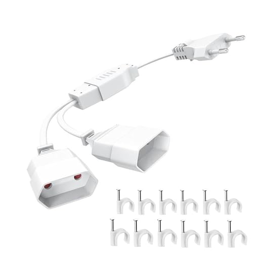 EU Verlängerungsstecker Verlängerungskabel Eurostecker, 2 in 1 Steckdosenadapter mit Kable, Euro Flaches Stromkabel Verlängerung, EU Flachstecker Verteiler für Computer TV PC Phone, Weiß