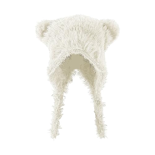 Lustige Wintermütze für Damen, niedliches Bärenohr-Design, künstliches Kaninchenfell, Winddicht und warm, geeignet für und Winter Trapper Hut (White, One Size)