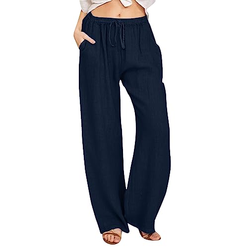 Damen Hosen Freizeit Taille weitem Bein, modische elastische Hose mit Kordelzug, Bequeme Lange Hose mit geradem Bein Taschen Stretch Hose Damen Große Größen (Dark Blue, XXXL)