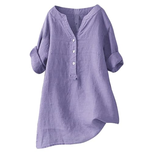 Blusen Tuniken Für Damen Leinen Langarmshirt Casual Oberteile Locker Tops Elegante Blusenshirt Lang Tunika Basic Shirt Oversized Longbluse V Ausschnitt Freizeithemd Mode Longshirt Pullover Lose