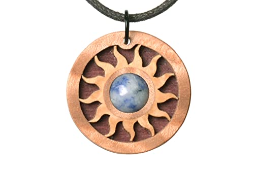 Sodalith Holzschmuck Anhänger mit wählbarer Länge der Halskette. Heilstein Symbolschmuck: Unser blauer Planet Erde. Handgemacht in Deutschland. Bayern.