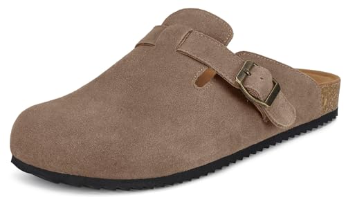 Unisex Clogs Hausschuhe mit Weiches Fußbett Leder Geschlossene Pantoletten Gartenschuhe Bequeme Sandalen Latschen Dunkelbraun 43