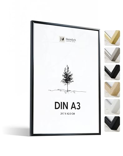 Heimlich® - Bilderrahmen - A3 29,7x42 cm, Aluminium Metall, Schwarz - Kleiner Poster-Druckrahmen - Nur zur Wandmontage