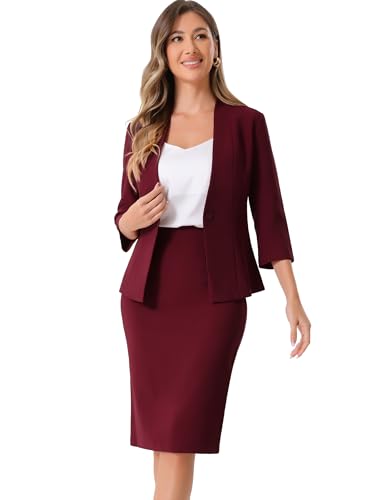 Allegra K Damen Business Rock Anzug Set 2-Teiliges Büro Arbeits Outfit Kragenloser Blazer Bleistiftrock Dunkelrot M
