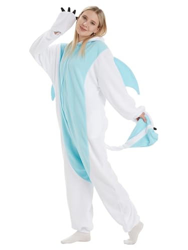 LANFAN Erwachsene Onesie Weißer Drache Kostüm Pyjama Herren Damen Unisex Cosplay Tier Plüsch Nachtwäsche Halloween Jumpsuit für Männer Frauen Schlafanzug