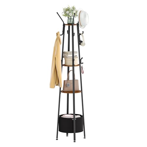 Hzuaneri Garderobenständer, Kleiderständer mit Großer Aufbewahrungskorb, Garderobe mit 3 Ablagen & 16 Haken für Schals, Taschen, Hüte, für Eingangsbereich, Wohnzimmer, Schlafzimmer, Braun und Schwarz