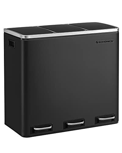 SONGMICS Mülleimer Küche, 3 x 18 L, Mülltrennsystem 3 Fächer, inklusive 15 Müllbeutel, Abfalleimer, Treteimer, für recycelbare Abfälle, Biomüll, mit Deckel, tintenschwarz LTB54BK