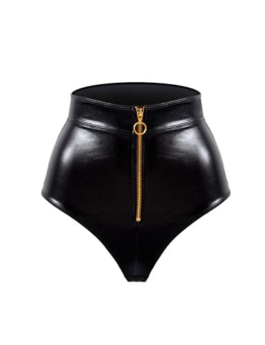 LOVE YOU SEXY Damen Kunstleder High-Waist Unterhosen mit Reißverschluss, Schwarz Unterhosen, Mittel