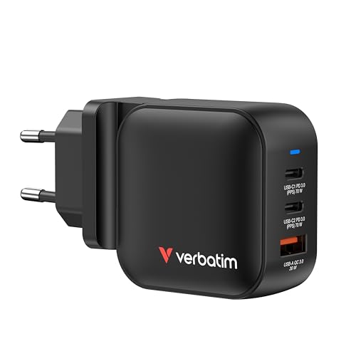 Verbatim Mini GaN Charger 70 W, 3 Ports USB-C Ladegerät, Power Adapter mit 2 x USB-C und 1 x USB-A, Schnellladegerät als Mehrfachstecker, für Apple iPad, iPhone, Samsung & Co, für EU, UK, USA